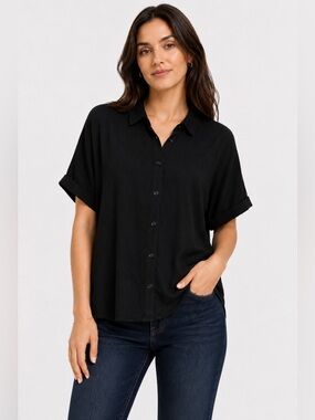 Bobeau Black Oversized Button-Up Blouse | Luxe Minimalist Rayon Top - Size: M